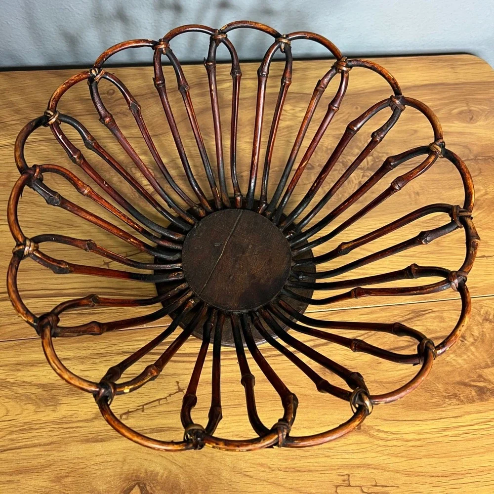 Vintage Bent Bamboo Wood Fruit Basket Boho Centerpiece Tiki Coastal MCM Eclectic